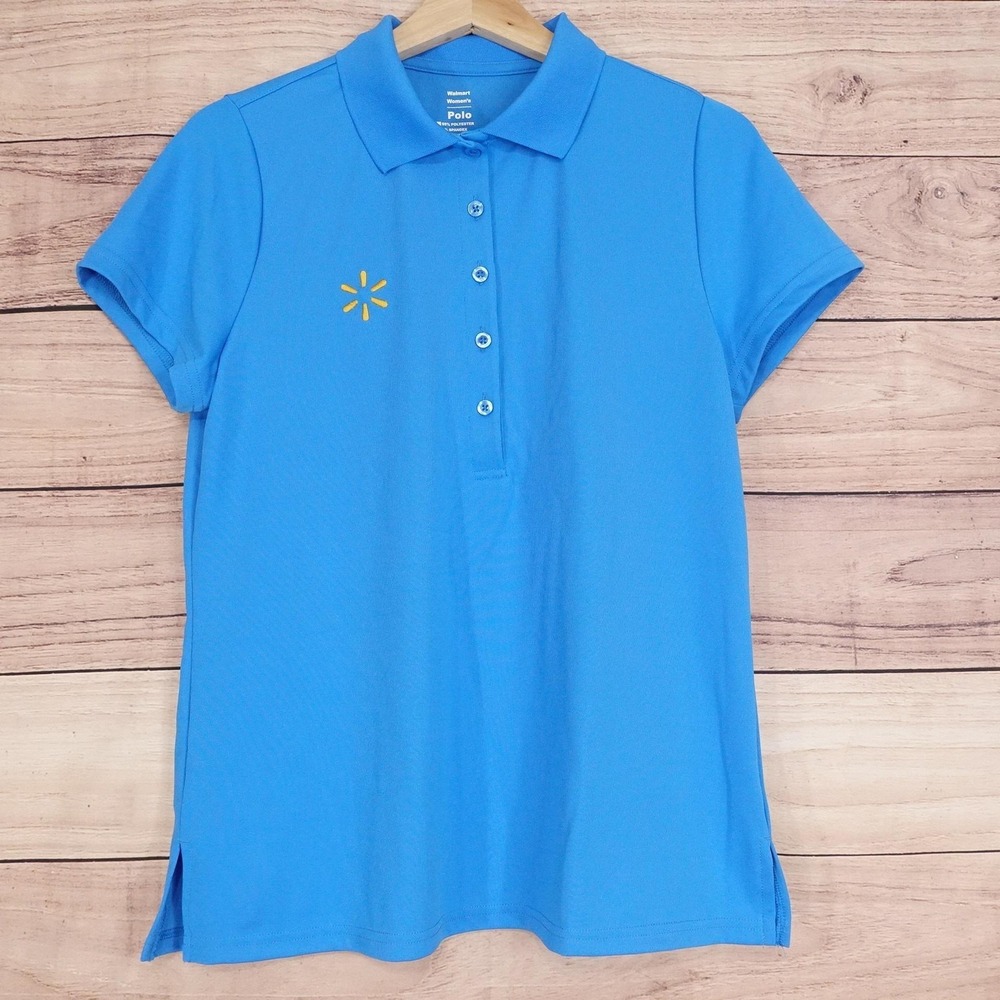 Walmart Polo Womens M Blue Collared Short Sleeve Stretch Work Shirt Uniform